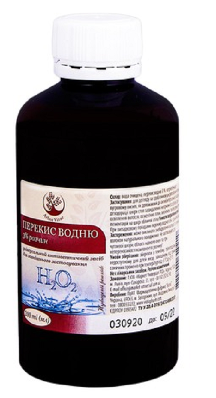 ПЕРЕКИСУ ВОДНЮ РОЗЧИН 3 % розчин для зовнішнього застосування, водний 3 % по 200 мл у флаконах полімерних